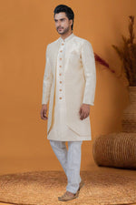Load image into Gallery viewer, Sangeet Wear Jacquard Work Readymade Indo Western For Men In Cream Jacquard Silk Fabric
