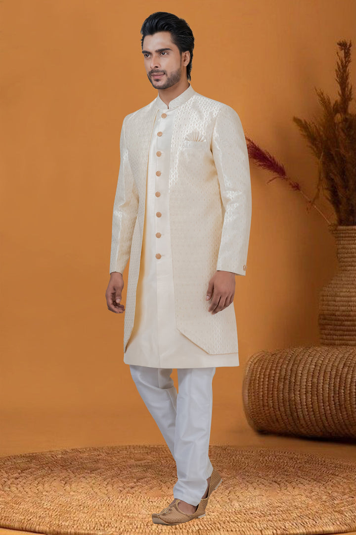 Sangeet Wear Jacquard Work Readymade Indo Western For Men In Cream Jacquard Silk Fabric
