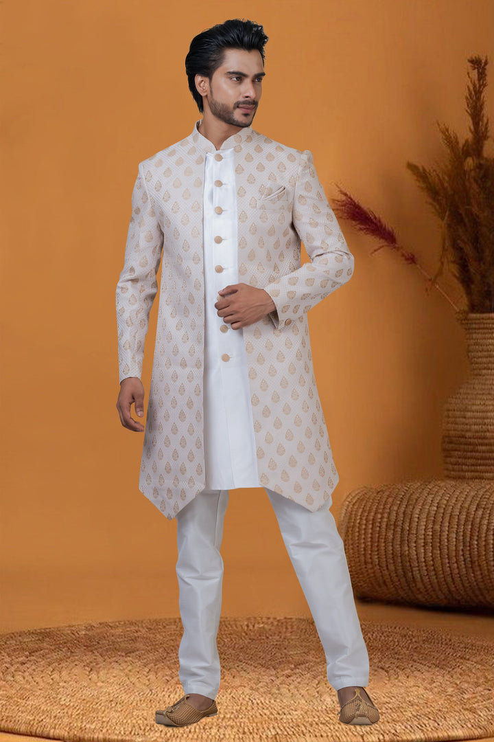 Jacquard Work Sangeet Wear Readymade Indo Western For Men In Jacquard Silk Cream Color