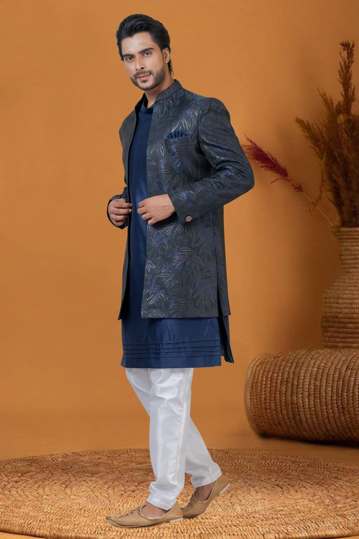 Navy Blue Color Jacquard Work Jacquard Silk Fabric Wedding Wear Fancy Readymade Indo Western For Men