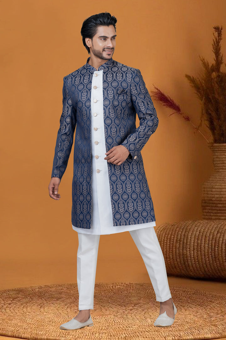 Jacquard Silk Fabric Blue Color Jacquard Work Sangeet Wear Trendy Readymade Men Indo Western