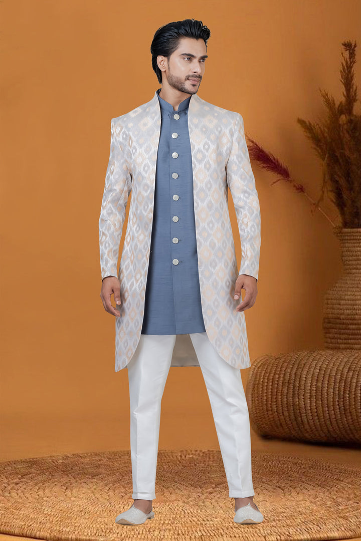 Grey Color Sangeet Wear Jacquard Silk Fabric Jacquard Work Designer Readymade Indo Western For Men