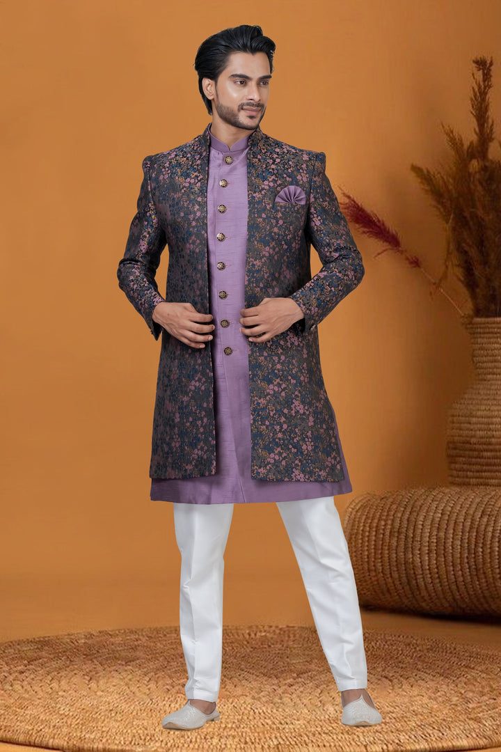 Jacquard Work Appealing Multi Color Jacquard Silk Fabric Wedding Wear Readymade Indo Western For Men