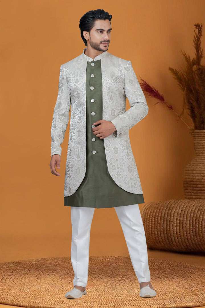 Olive Color Jacquard Work Engaging Jacquard Silk Fabric Sangeet Wear Readymade Indo Western For Men