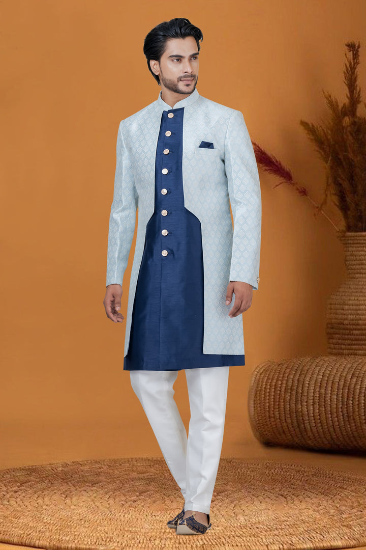 Sky Blue Color Jacquard Silk Fabric Jacquard Work Sangeet Wear Captivating Readymade Indo Western For Men