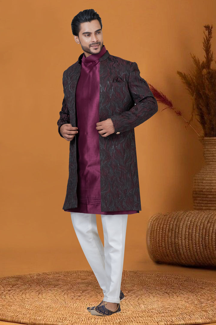 Fetching Wine Jacquard Silk Fabric Sangeet Wear Jacquard Work Readymade Indo Western For Men