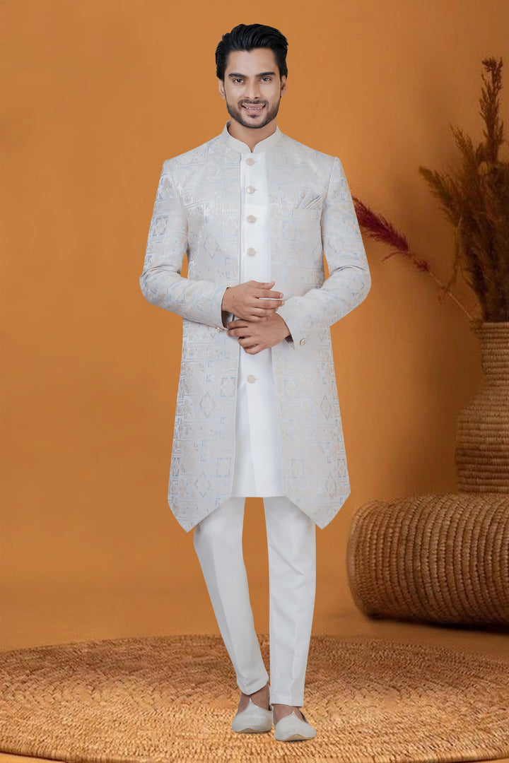 Jacquard Work Sky Blue Color Gorgeous Jacquard Silk Wedding Wear Readymade Indo Western For Men