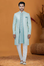 Load image into Gallery viewer, Stunning Jacquard Silk Fabric Jacquard Work Wedding Wear Cyan Readymade Indo Western For Men
