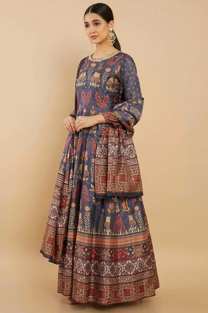 Digital Print Blue Color Wedding Wear Readymade Long Anarkali Style Gown In Art Silk Fabric