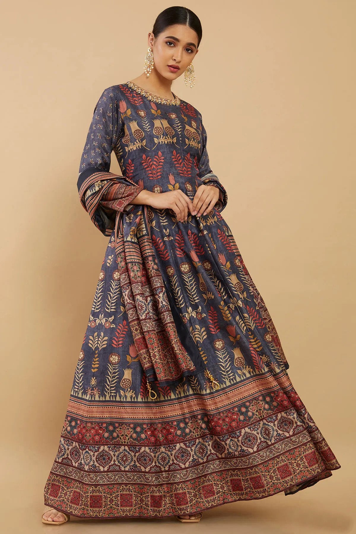 Digital Print Blue Color Wedding Wear Readymade Long Anarkali Style Gown In Art Silk Fabric