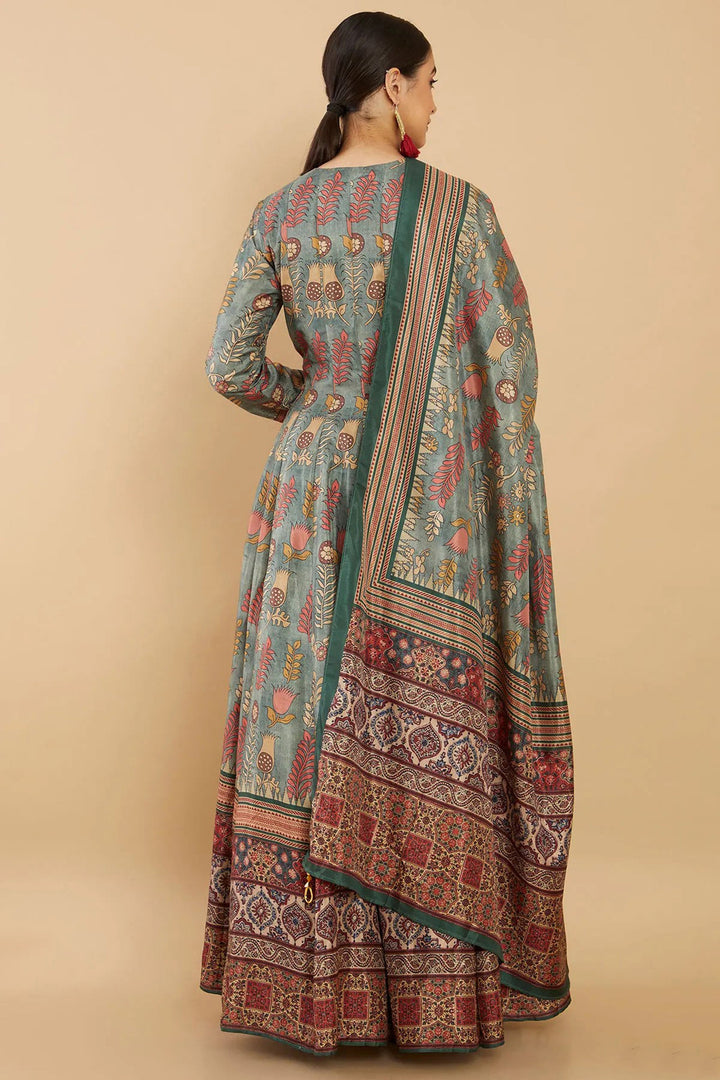 Art Silk Fabric Reception Wear Digital Print Readymade Long Anarkali Style Gown In Sea Green Color