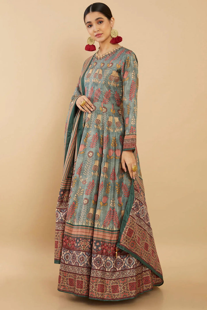Art Silk Fabric Reception Wear Digital Print Readymade Long Anarkali Style Gown In Sea Green Color