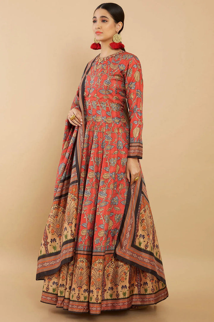 Red Color Art Silk Fabric Fancy Digital Print Function Wear Readymade Long Anarkali Style Gown