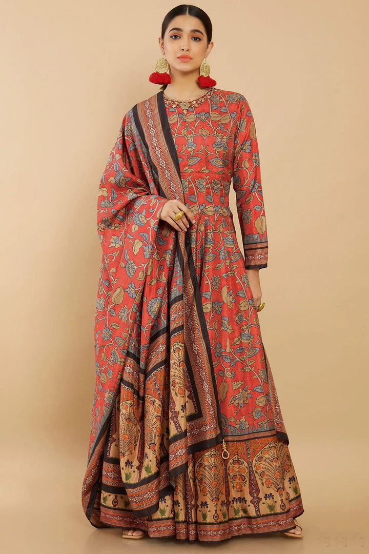 Red Color Art Silk Fabric Fancy Digital Print Function Wear Readymade Long Anarkali Style Gown
