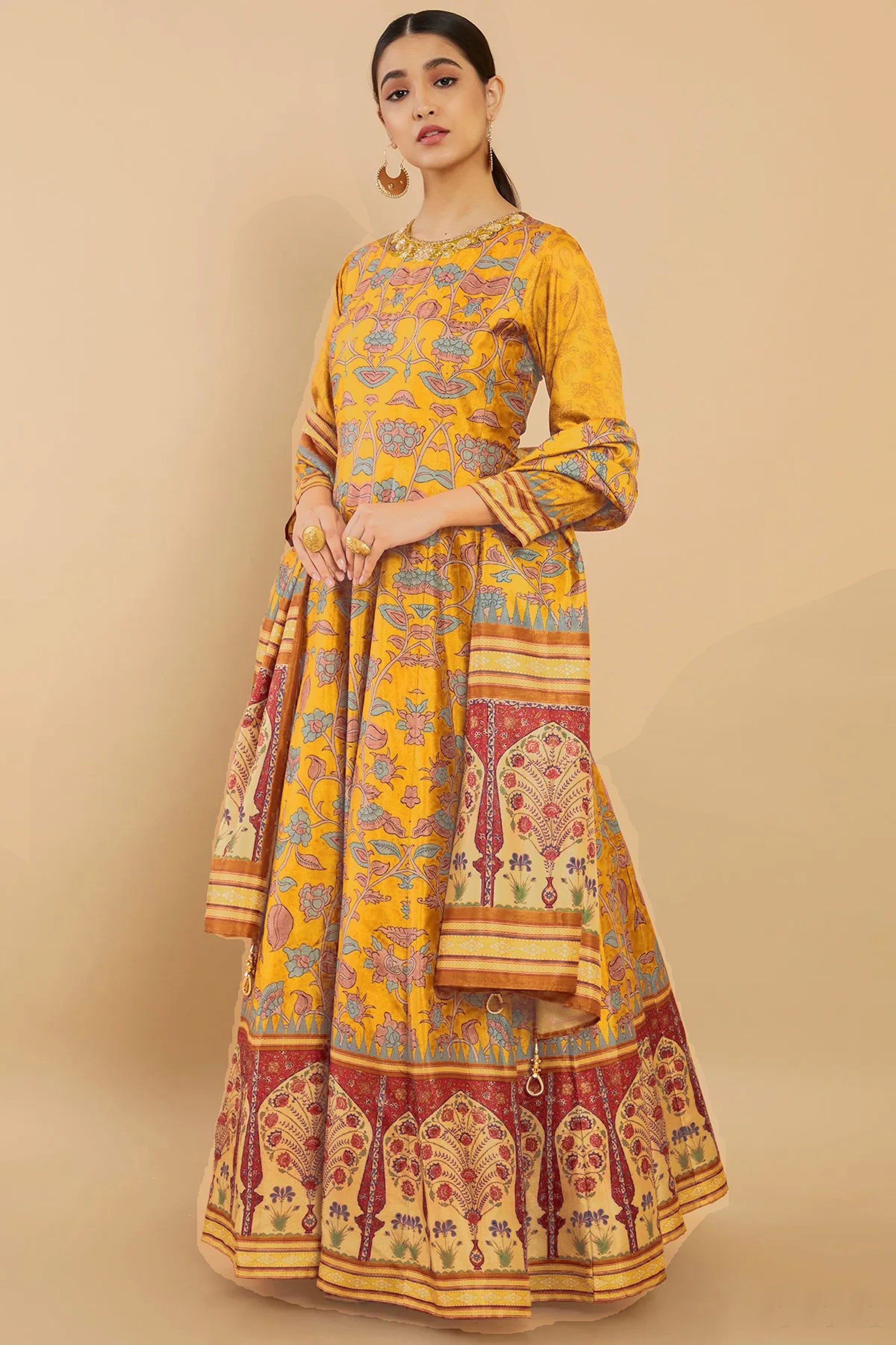 Art Silk Fabric Yellow Color Festive Wear Digital Print Readymade Long Anarkali Style Gown