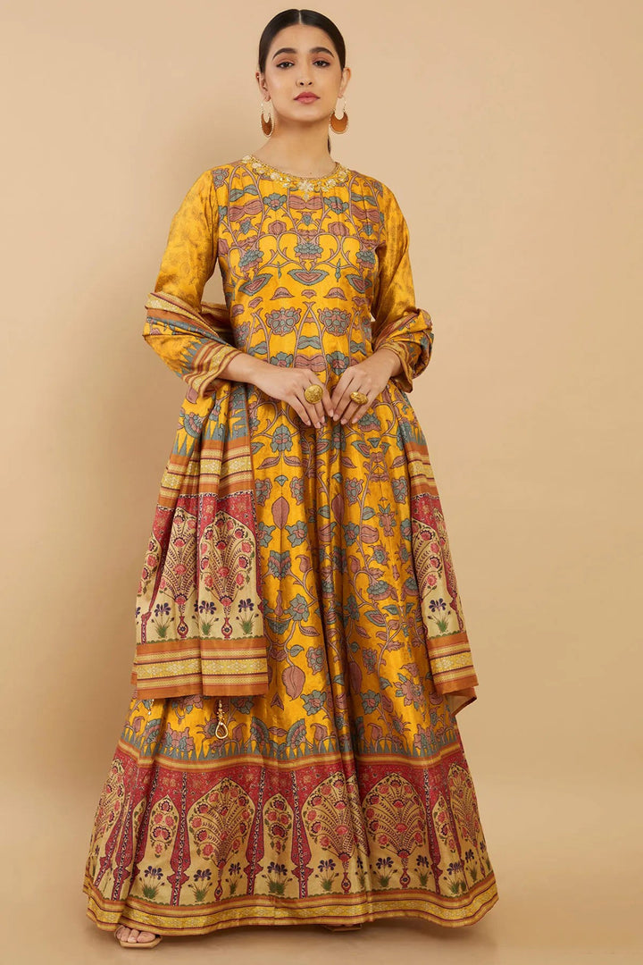 Art Silk Fabric Yellow Color Festive Wear Digital Print Readymade Long Anarkali Style Gown