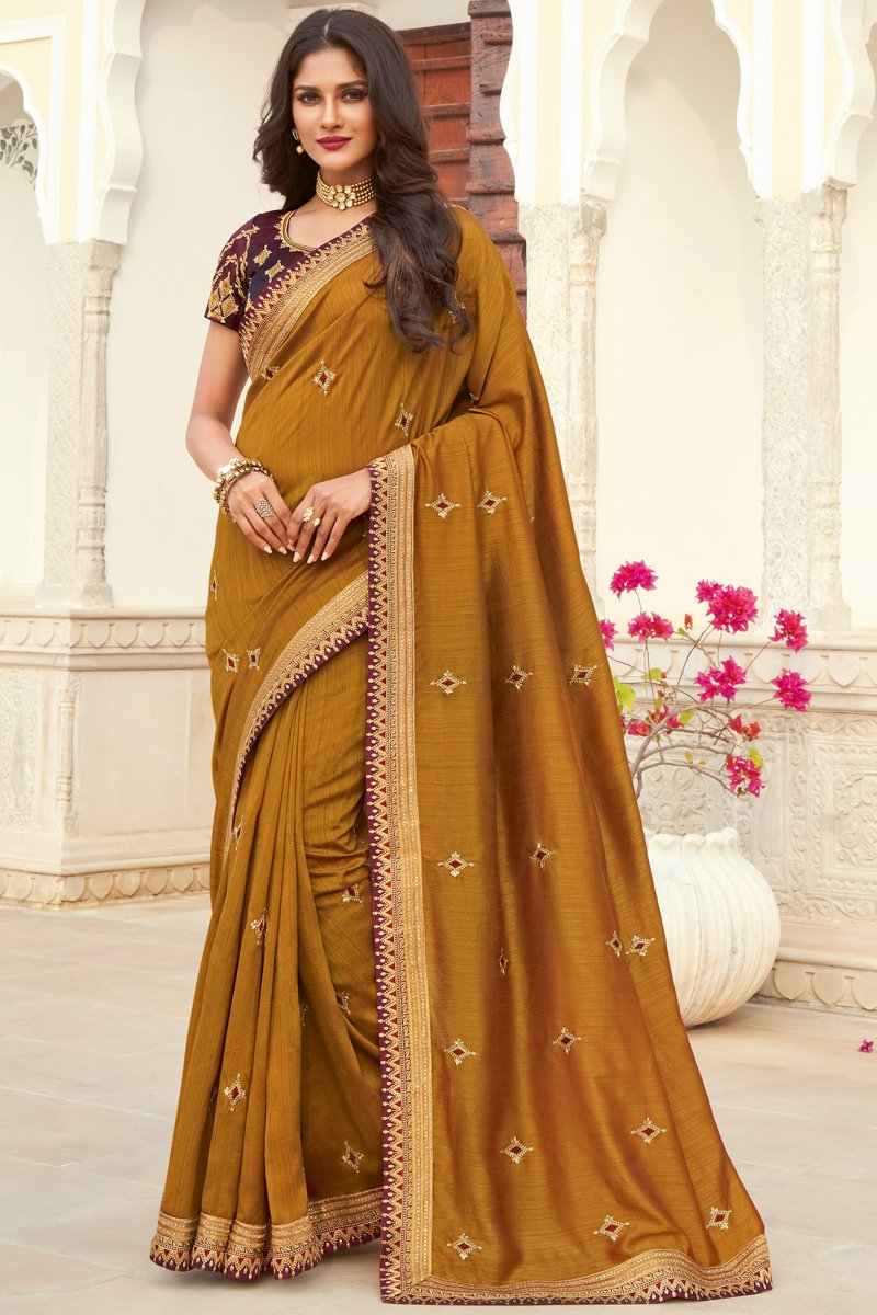 Art Silk Fabric Designer Embroidered Festive Wear Saree In Mustard Color