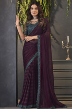 Load image into Gallery viewer, Chiffon Fabric Lace Border Work Rich Wine Color Party Wear Saree With Embroidered Blouse