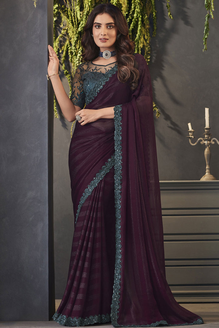 Chiffon Fabric Lace Border Work Rich Wine Color Party Wear Saree With Embroidered Blouse