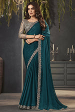 Load image into Gallery viewer, Lace Border Work Teal Color Fabulous Satin Fabric Saree With Embroidered Blouse