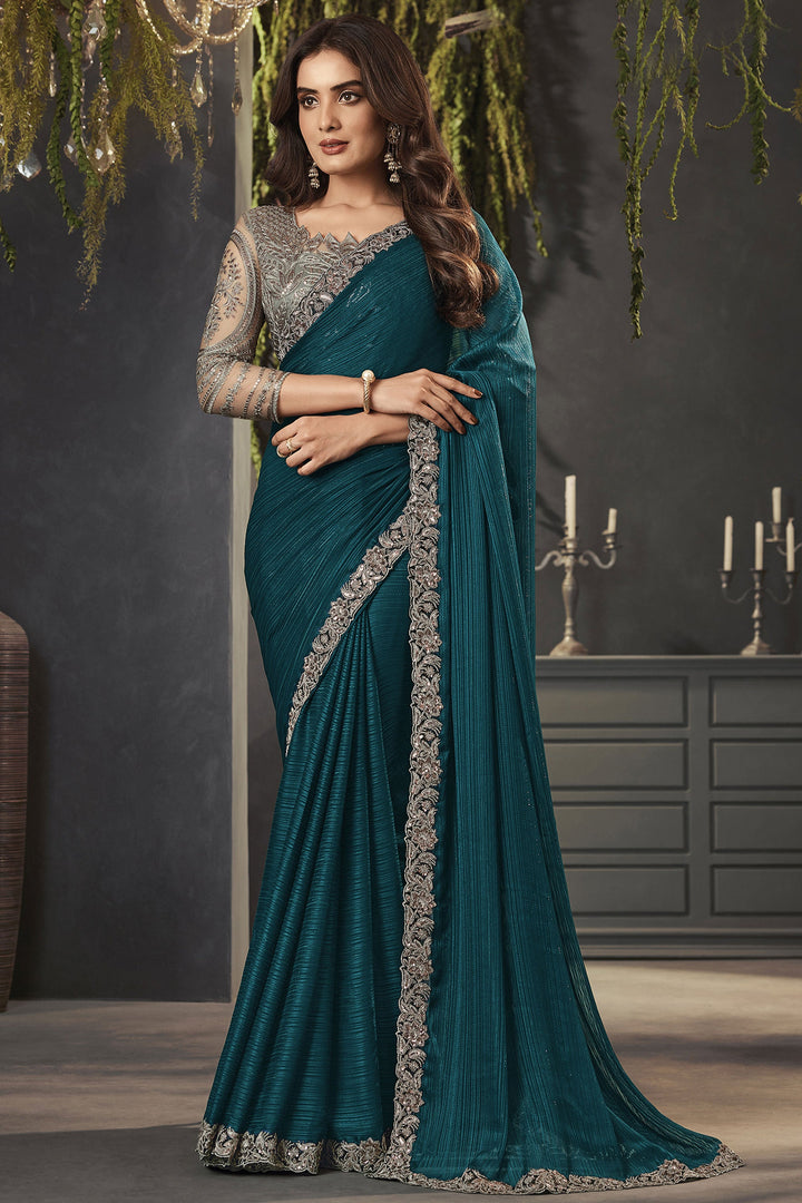 Lace Border Work Teal Color Fabulous Satin Fabric Saree With Embroidered Blouse