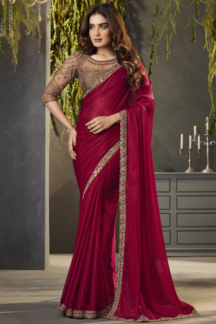Attractive Lace Border Work Red Color Satin Fabric Saree With Embroidered Blouse