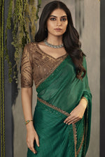 Load image into Gallery viewer, Traditional Look Dark Green Color Satin Fabric Lace Border Work Saree With Embroidered Blouse