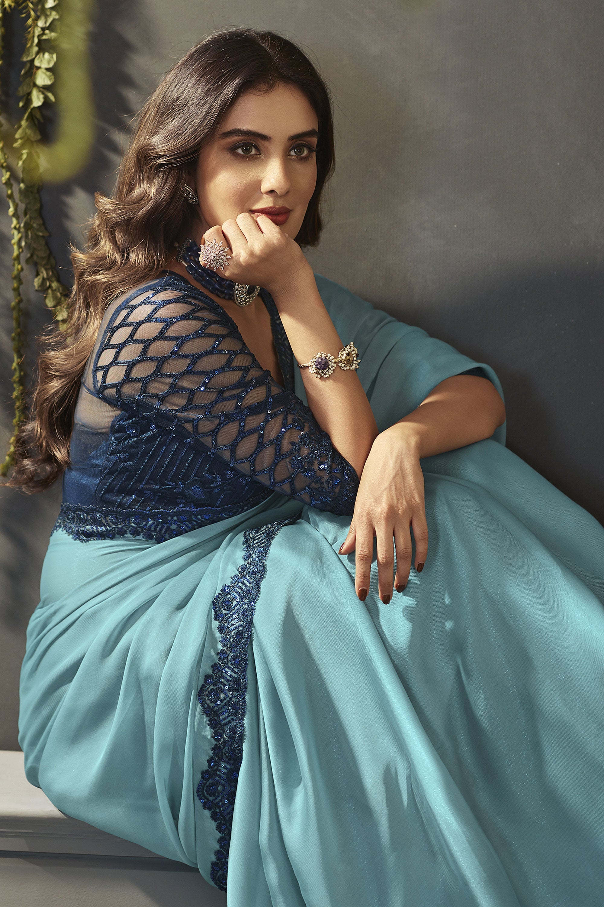 Beautiful Light Cyan Color Satin Fabric Lace Border Work Saree With Embroidered Blouse