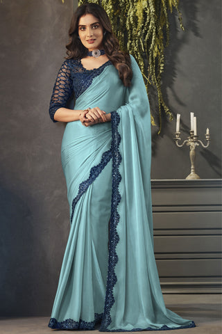 Beautiful Light Cyan Color Satin Fabric Lace Border Work Saree With Embroidered Blouse