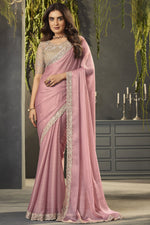 Load image into Gallery viewer, Classy Chiffon Fabric Pink Color Lace Border Work Saree With Embroidered Blouse