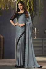 Load image into Gallery viewer, Grey Color Lace Border Work Satin Fabric Charming Look Saree With Embroidered Blouse