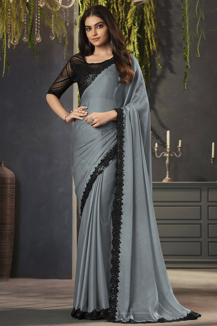 Grey Color Lace Border Work Satin Fabric Charming Look Saree With Embroidered Blouse
