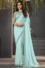 Load image into Gallery viewer, Sea Green Color Stylish Lace Border Work Georgette Fabric Saree With Embroidered Blouse