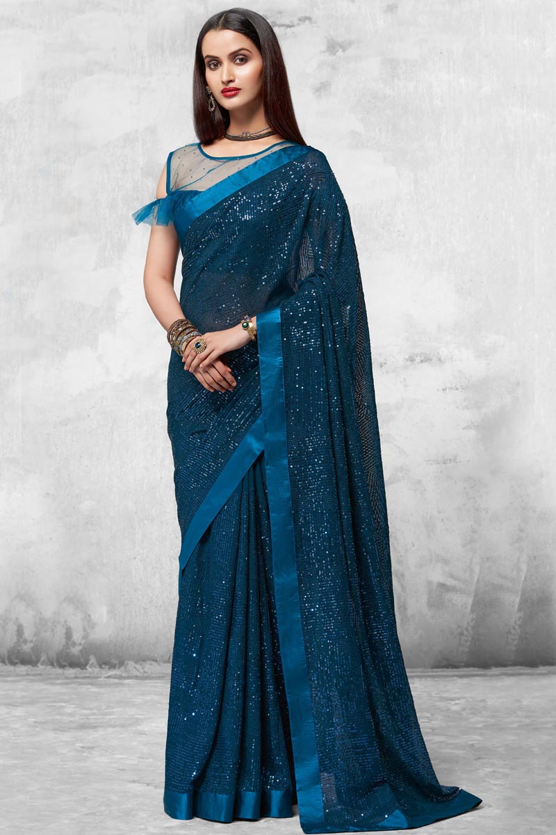 Georgette Fabric Sangeet Wear Teal Color Sequins Work Saree