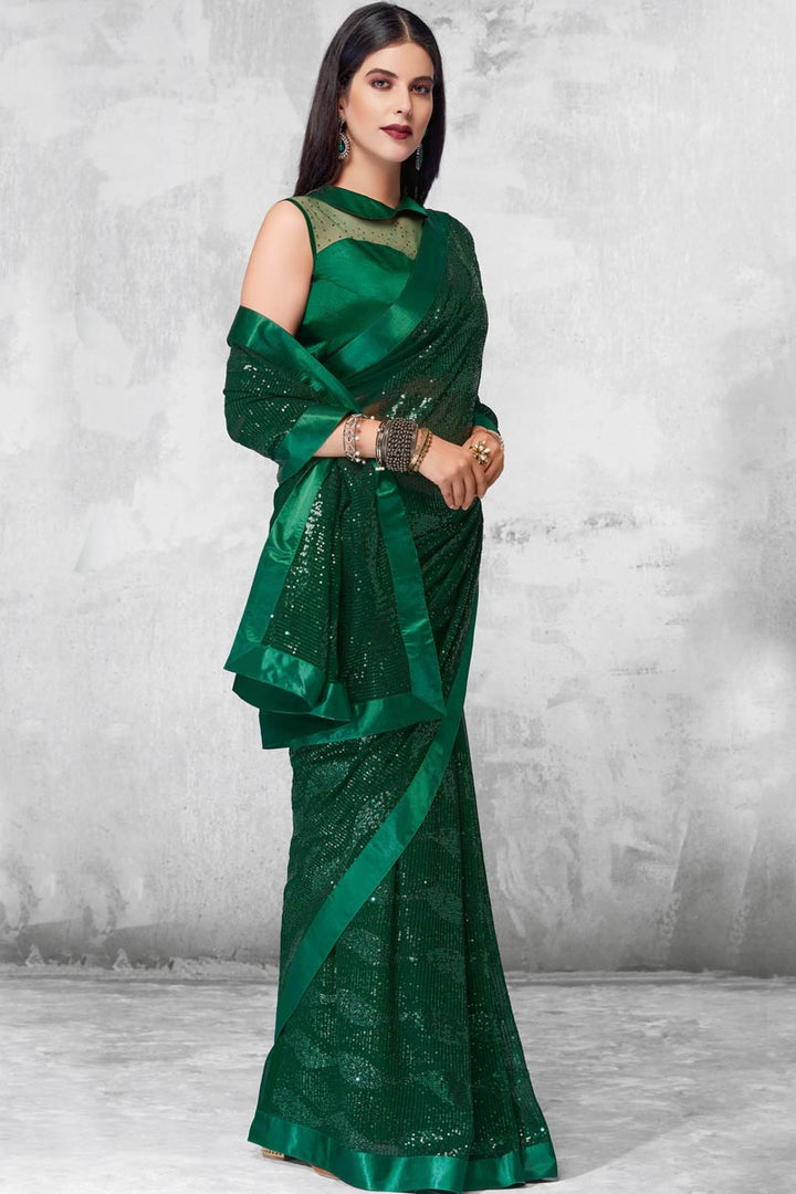 Sangeet Wear Green Color Sequins Work Saree