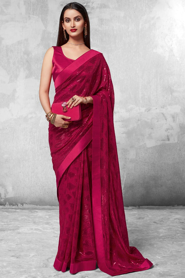 Sangeet Wear Rani Color Georgette Fabric Sequins Work Saree