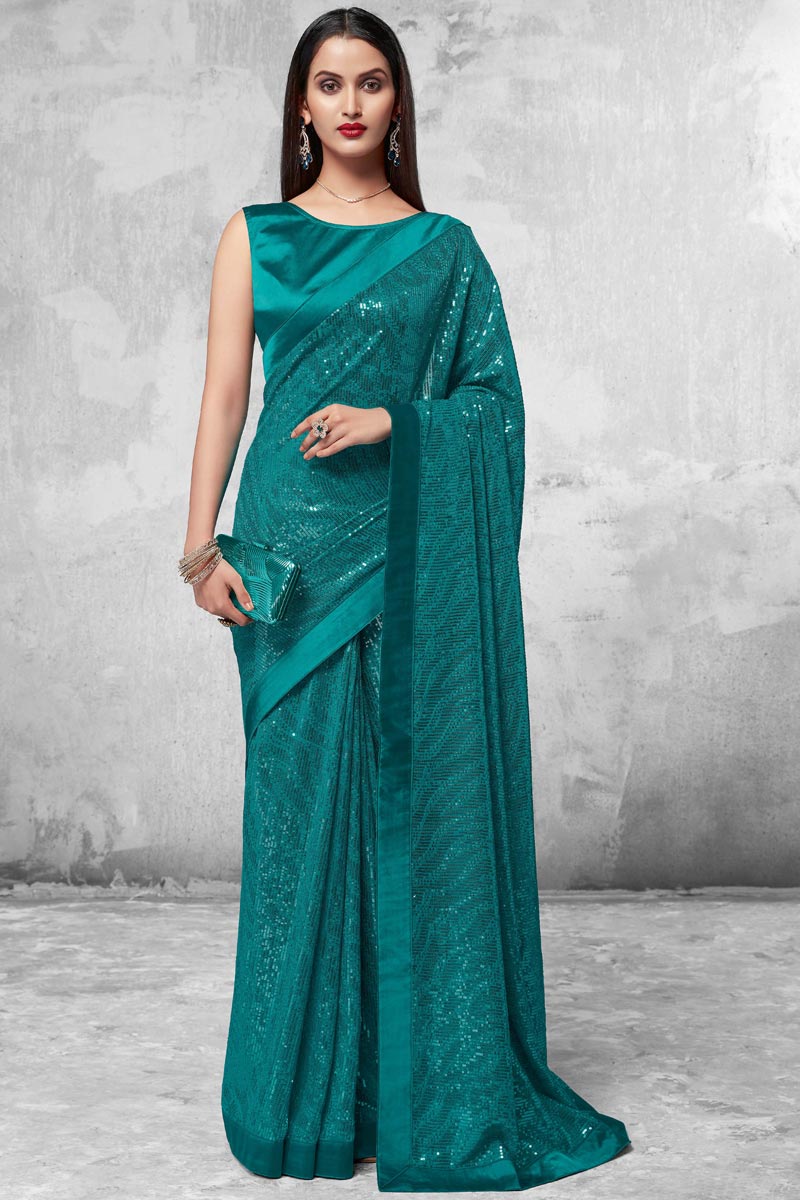 Cyan Color Georgette Fabric Sequins Work Saree