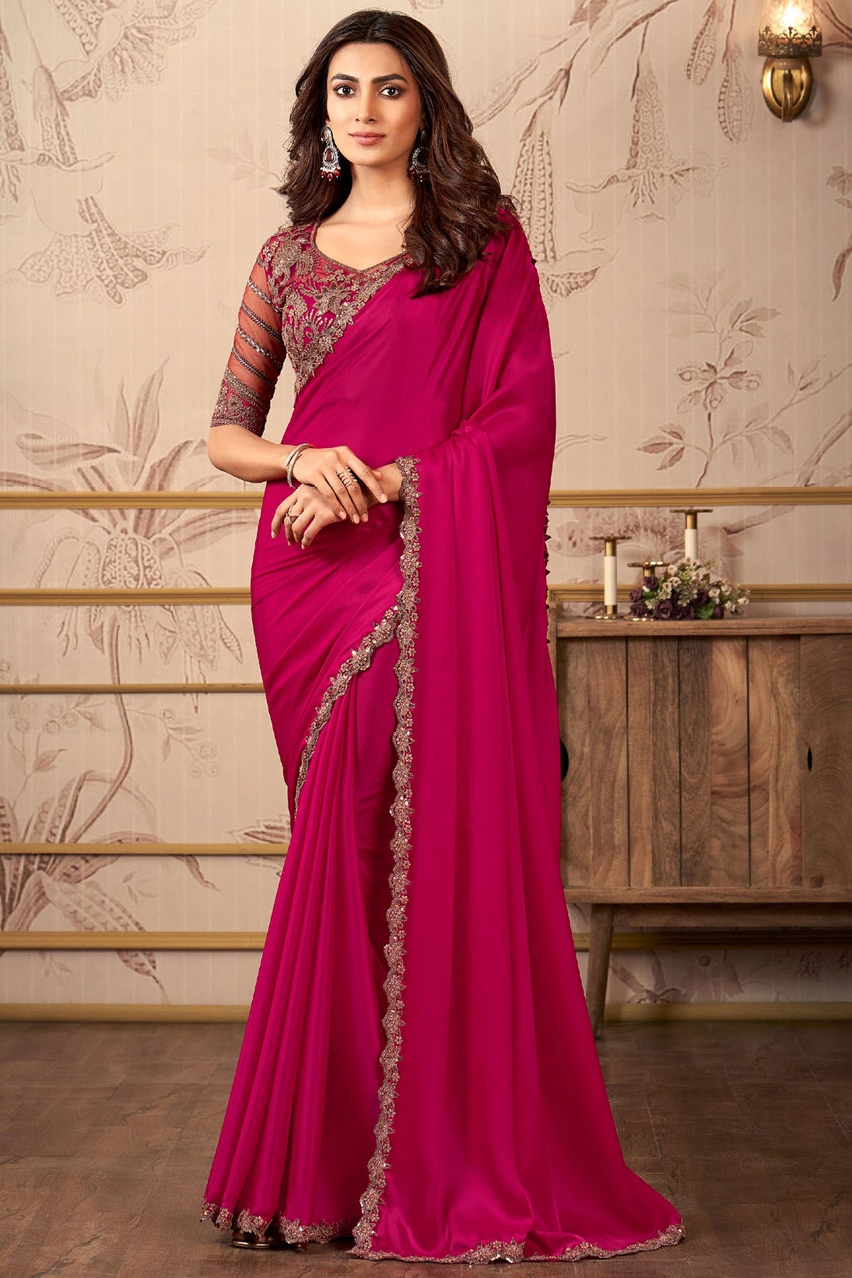 Attractive Rani Color Satin Lace Work Saree With Heavy Embroidered Blouse