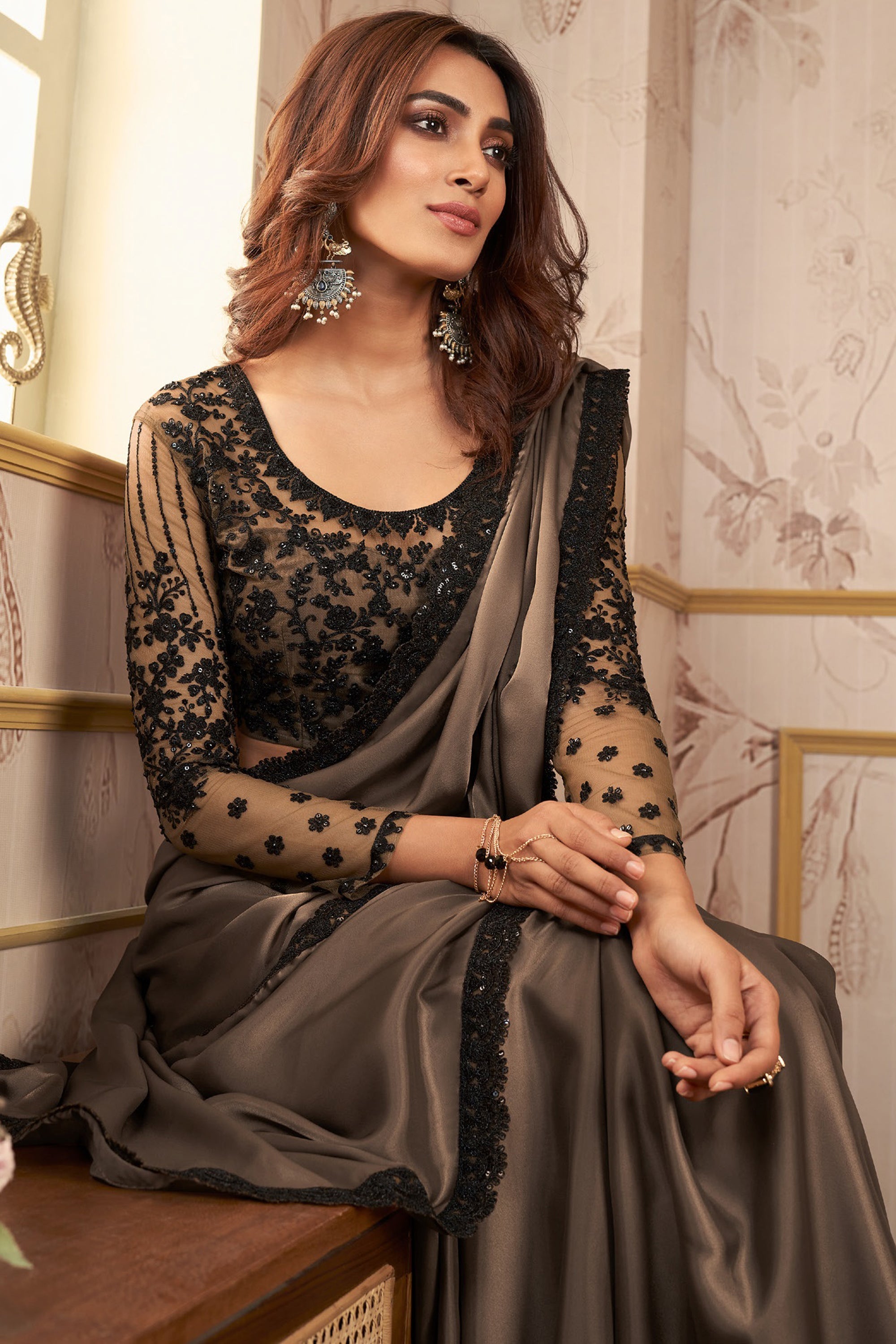 Radiant Brown Color Satin Lace Work Saree With Heavy Embroidered Blouse