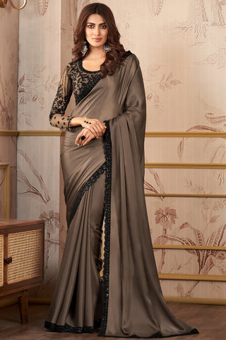 Radiant Brown Color Satin Lace Work Saree With Heavy Embroidered Blouse