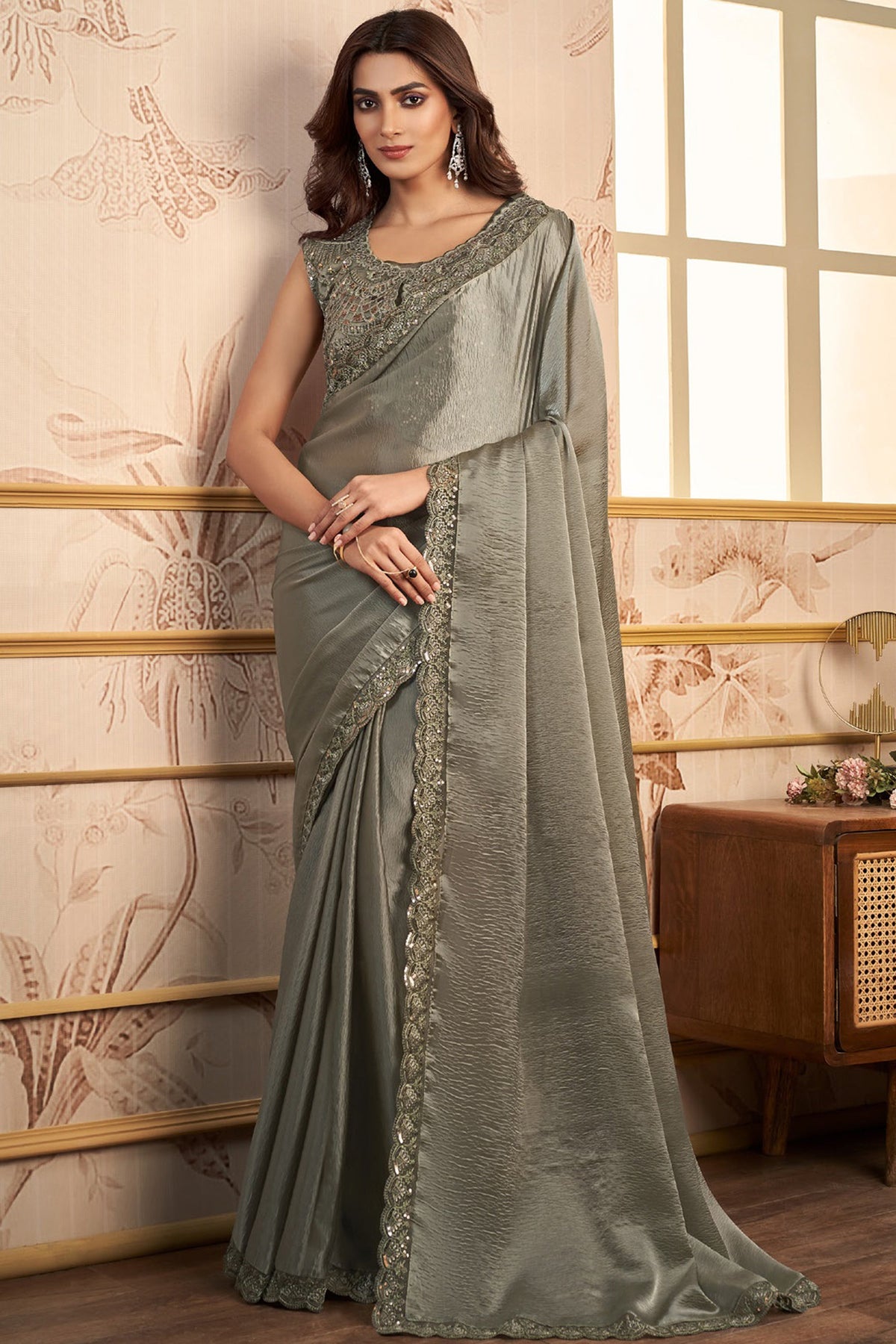 Excellent Satin Dark Beige Color Lace Work Saree With Heavy Embroidered Blouse