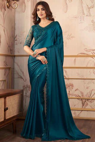 Incredible Satin Teal Color Lace Work Saree With Heavy Embroidered Blouse