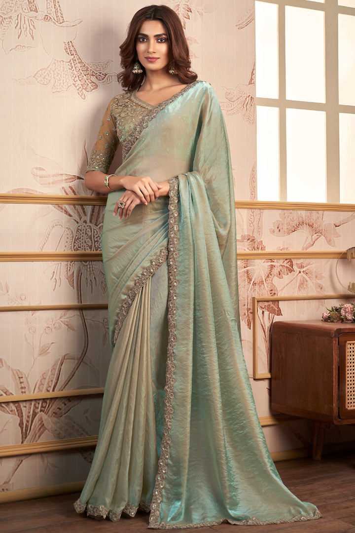 Tempting Silk Sea Green Color Lace Work Saree With Heavy Embroidered Blouse