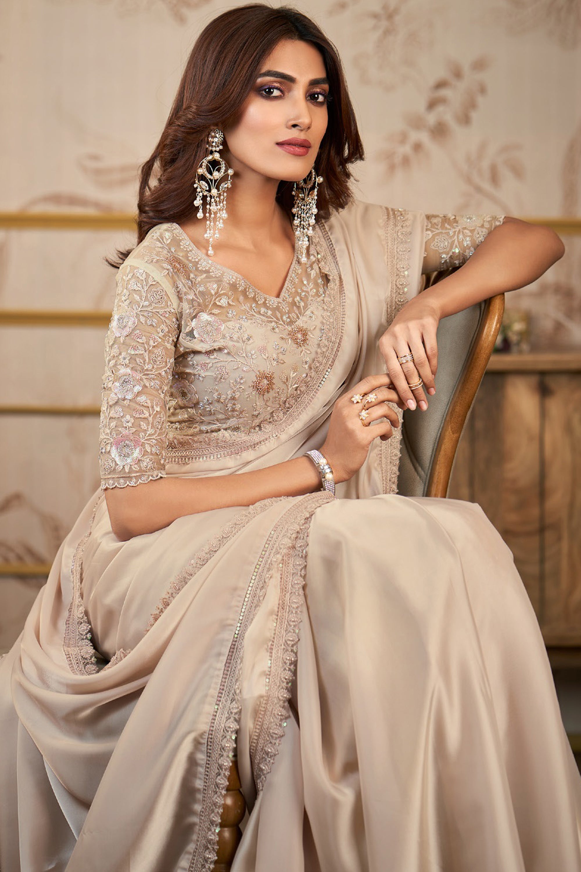 Classic Beige Color Lace Work Satin Saree With Heavy Embroidered Blouse