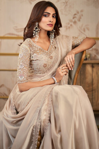 Classic Beige Color Lace Work Satin Saree With Heavy Embroidered Blouse