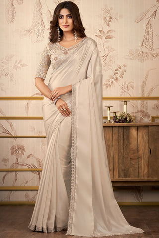 Classic Beige Color Lace Work Satin Saree With Heavy Embroidered Blouse