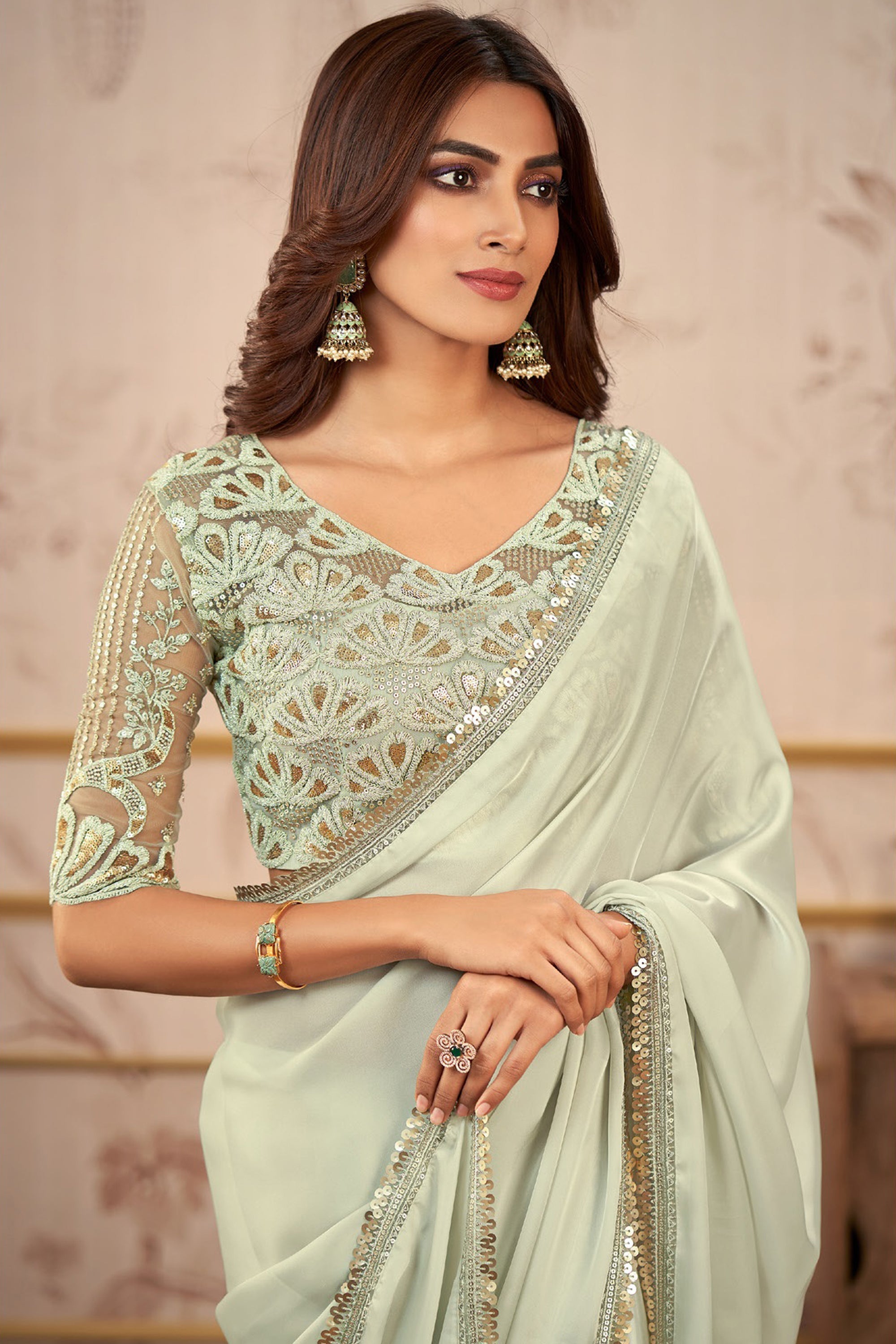 Dazzling Sea Green Color Lace Work Satin Saree With Heavy Embroidered Blouse