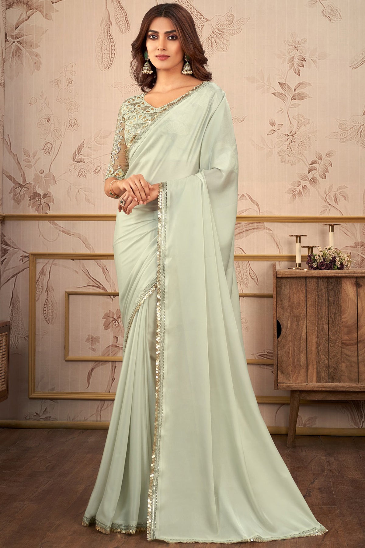 Dazzling Sea Green Color Lace Work Satin Saree With Heavy Embroidered Blouse