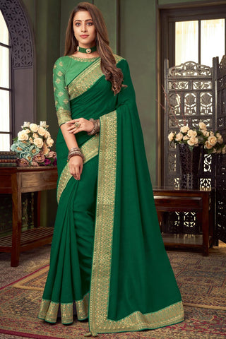 Festive Wear Fancy Art Silk Fabric Border Work Saree In Dark Green Color