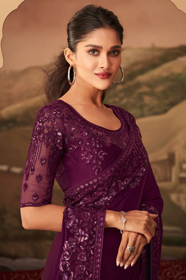 Art Silk Fabric Wine Color Party Wear Fantastic Saree With Embroidered Work